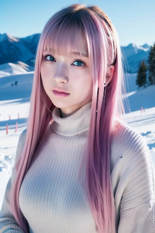 1girl,(wearing a turtleneck sweater),(winter jacket),(RAW photo, best quality), (realistic, photo-realistic:1.4), masterpiece, an extremely delicate and beautiful, extremely detailed, 2k wallpaper, Amazing, finely detail, extremely detailed CG unity 8k wallpaper, ultra-detailed, highres, soft light, beautiful detailed girl, extremely detailed eyes and face, beautiful detailed nose, beautiful detailed eyes,cinematic lighting,at a ski resort,snow field,snow scenery,perfect anatomy,slender body<lora:kanekorie_lora:0.8>smile,(pink hair)
