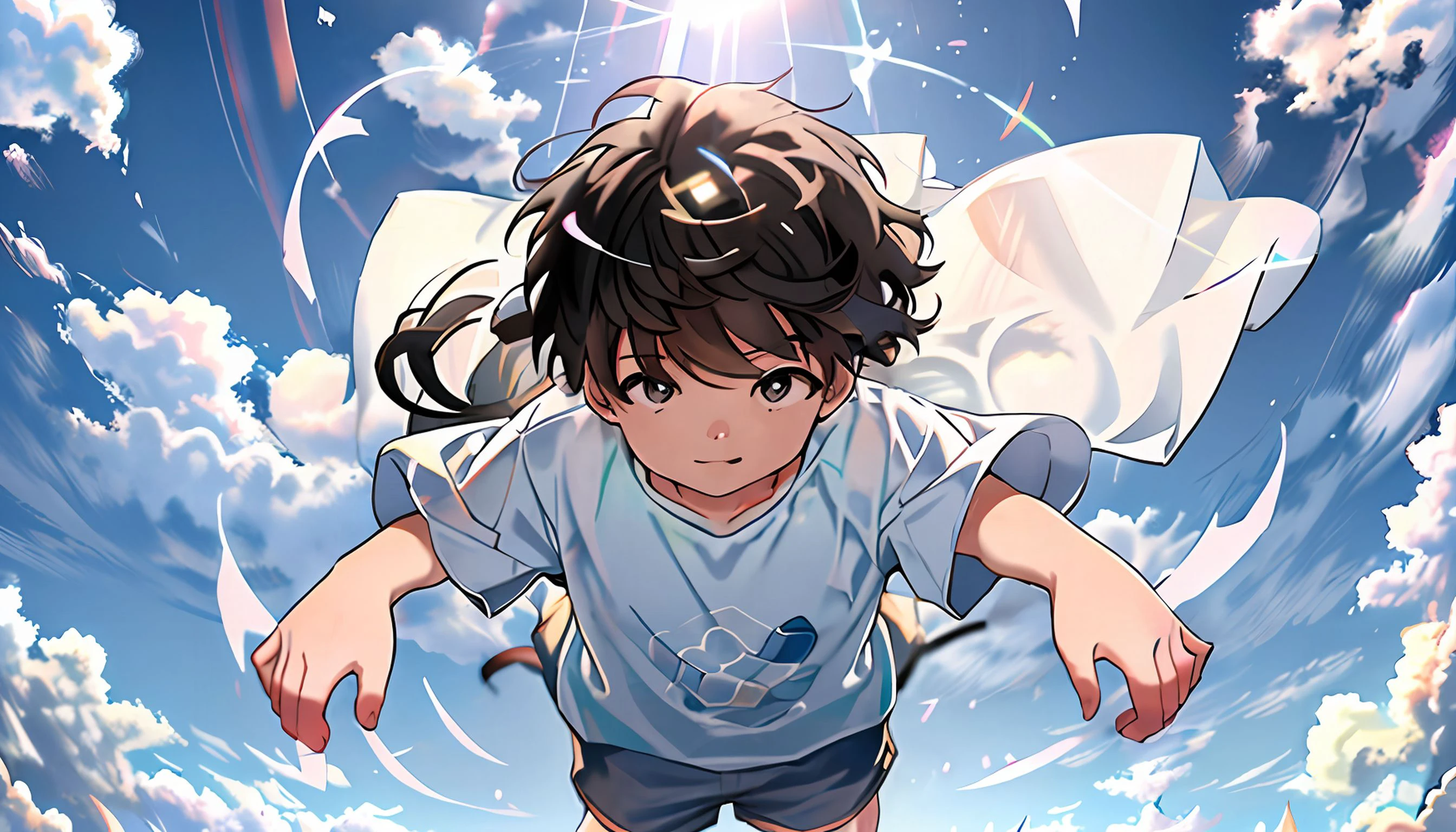 (masterpiece),(best quality),(ultra detailed),highres,1boy,upper body,white haris,shirt,shorts,barefoot,floating in the sky,falling,day,cloud,sunlight,outdoors,<lora:shota_ninji_v0.3:0.8>,