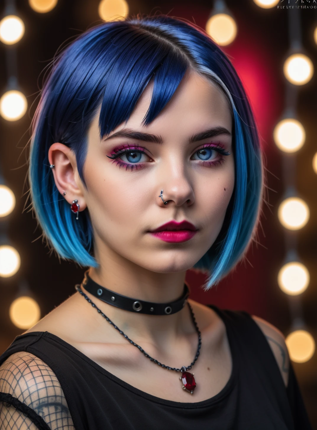 face portrait of a 20 years old woman , gothic short blue hair, ruby piercing, high quality photography, 3 point lighting, flash with softbox, 4k, Canon EOS R3, hdr, smooth, sharp focus, high resolution, award winning photo, 80mm, f2.8, bokeh