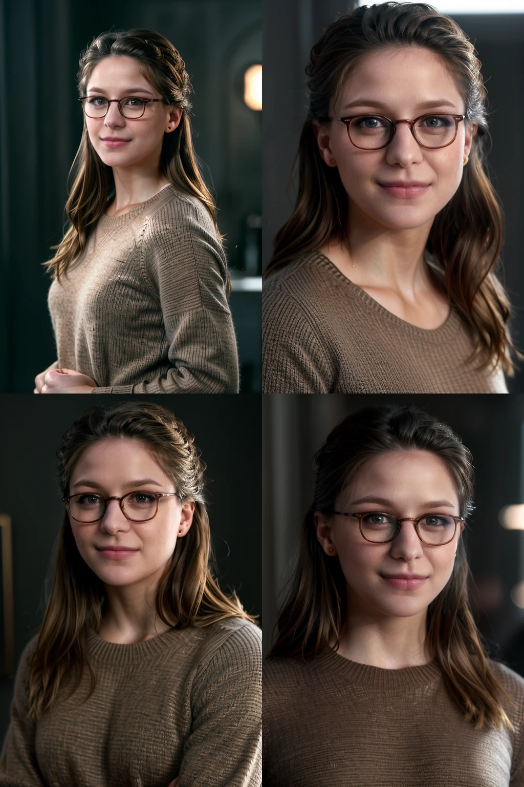 real, atmospheric scene, masterpiece, best quality, (detailed face, detail skin texture, ultra-detailed body),(cinematic light),
<lora:Supergirl_MelissaBenoist_smf_lora_v04-000005:1>, 1girl, s0p3r6m3l1s4-smf, solo, realistic, glasses, brown hair, long hair, lips, looking at viewer, upper body, earrings, jewelry, sweater, smile