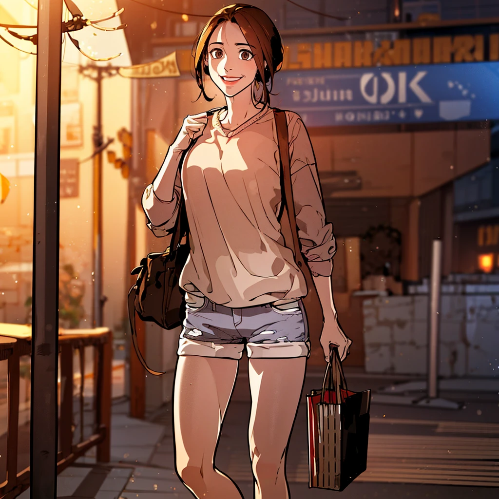 a woman walking home with grocery store bags, full body<lora:HayanLoRA:1> hayan, with, brown, hair, and, brown, eyes, 4k, high quality, ultra realistic, sharpen image, extremely detailed CG unity 8k wallpape, hdr, extremely intricate, High Detail:1, Sharp focus, soft cinematic light, looking at viewer, detailed pupils, 4k textures, soft cinematic light, cinematic look, insane details, hyperdetailed, Highly detailed, smiling