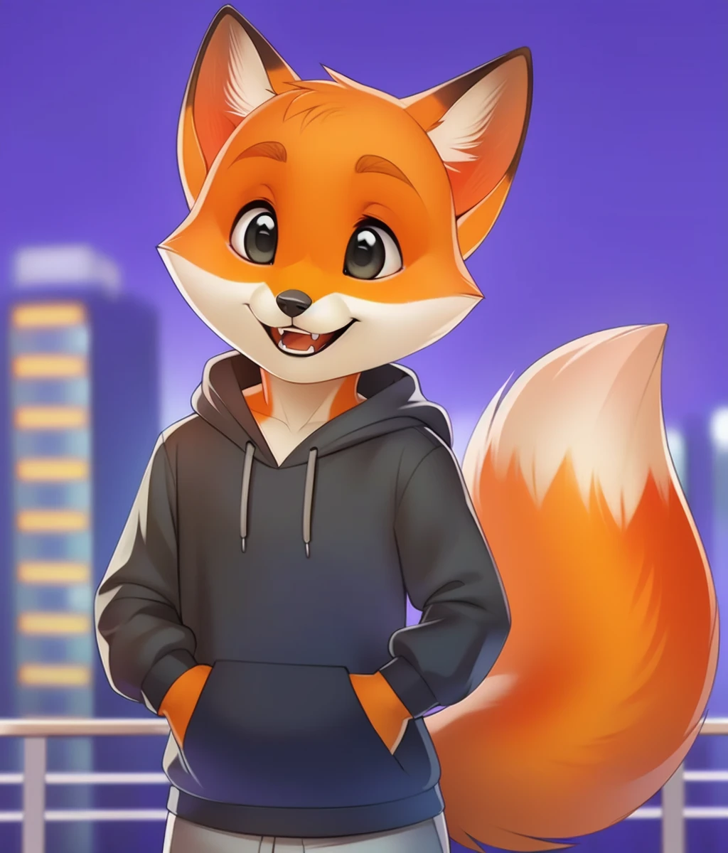 1boy,foxtrot,fox,laughing,black eyes,hoodie,pants,art by Iskra,city,<lora:Foxtrot (Vpred):0.5>,