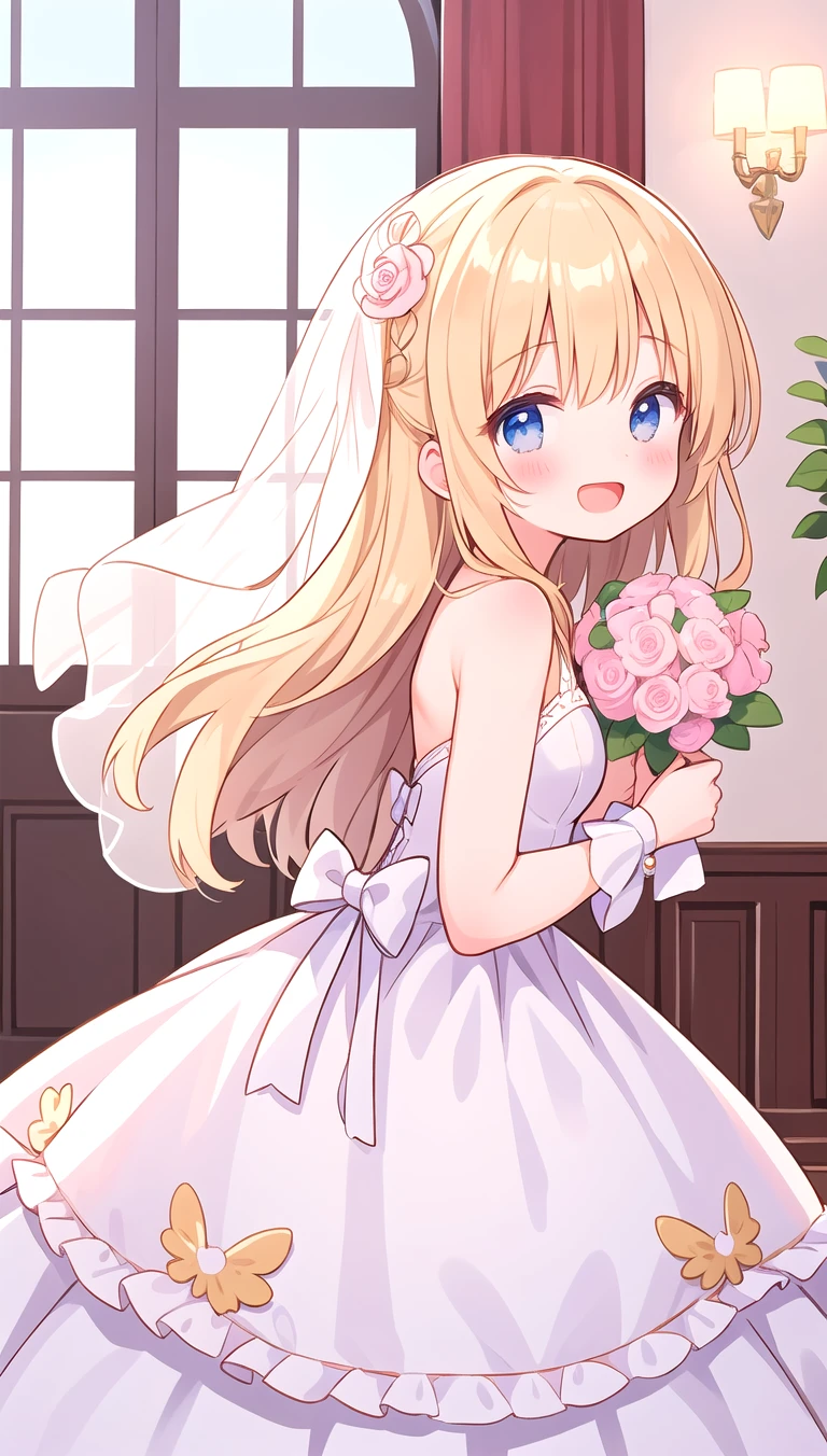 beautiful illustration, best quality, cute girl, from side, wedding dress, long hair, happy, open mouth