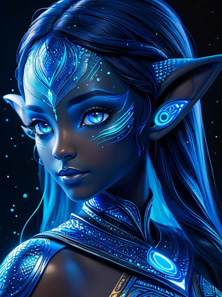 blue humanoid avatar with bioluminescent avatar markings dots and patterns on their skin. Pointed elf ears. avatar like hair, hair colour black, sparkling glowing blue eyes, slightly shimmery iridescent blue skin. female, warrior like, magical and mystical, detailed and realistic. Only blue skin tone. Only blue coloured skin. Skin colour all blue.