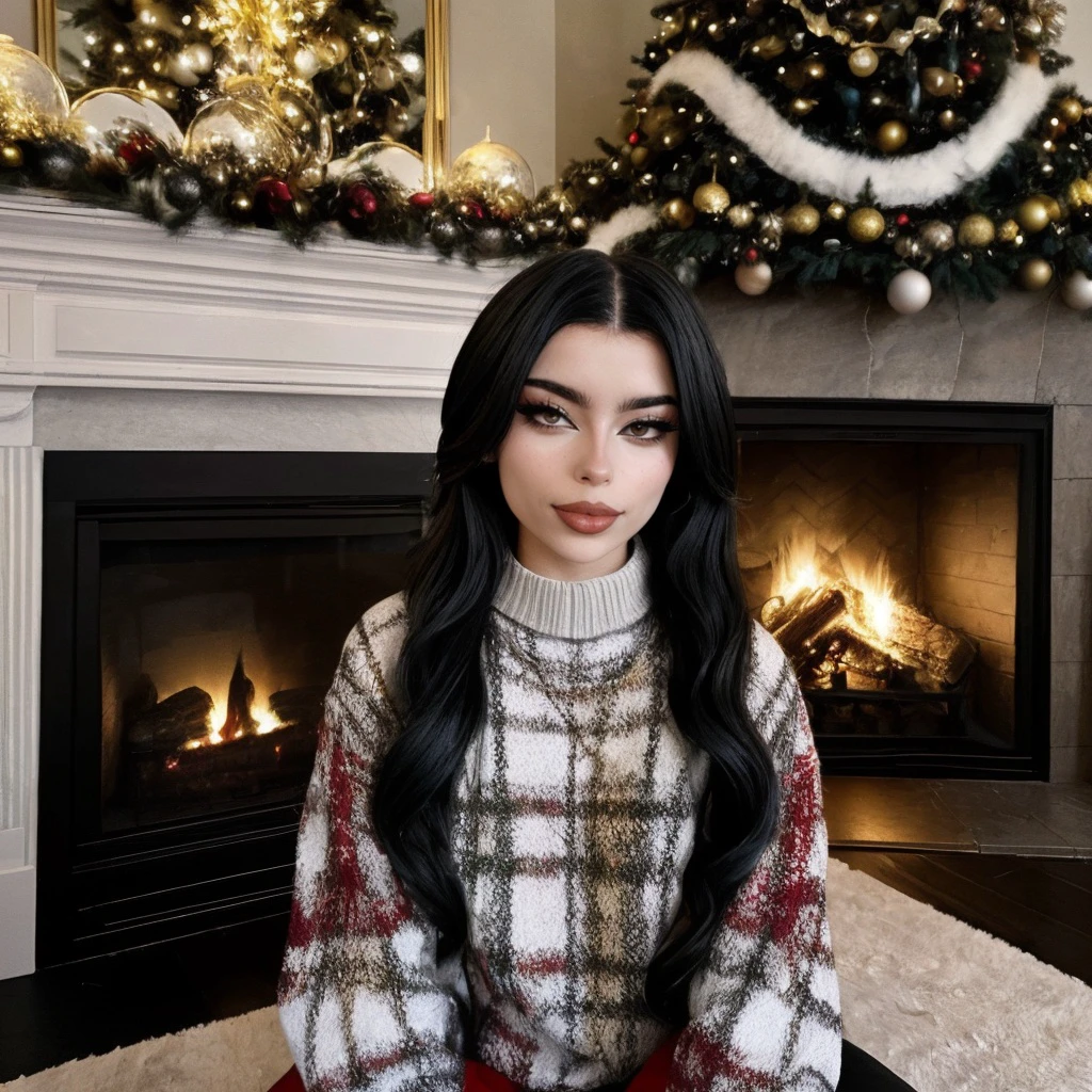 <lora:emmanorts_sd15_512_128_64_v1:1> emmanorts, 1girl black long weavy hair, wearing a christmas sweater, christmas decoration in background, lit fireplace in background