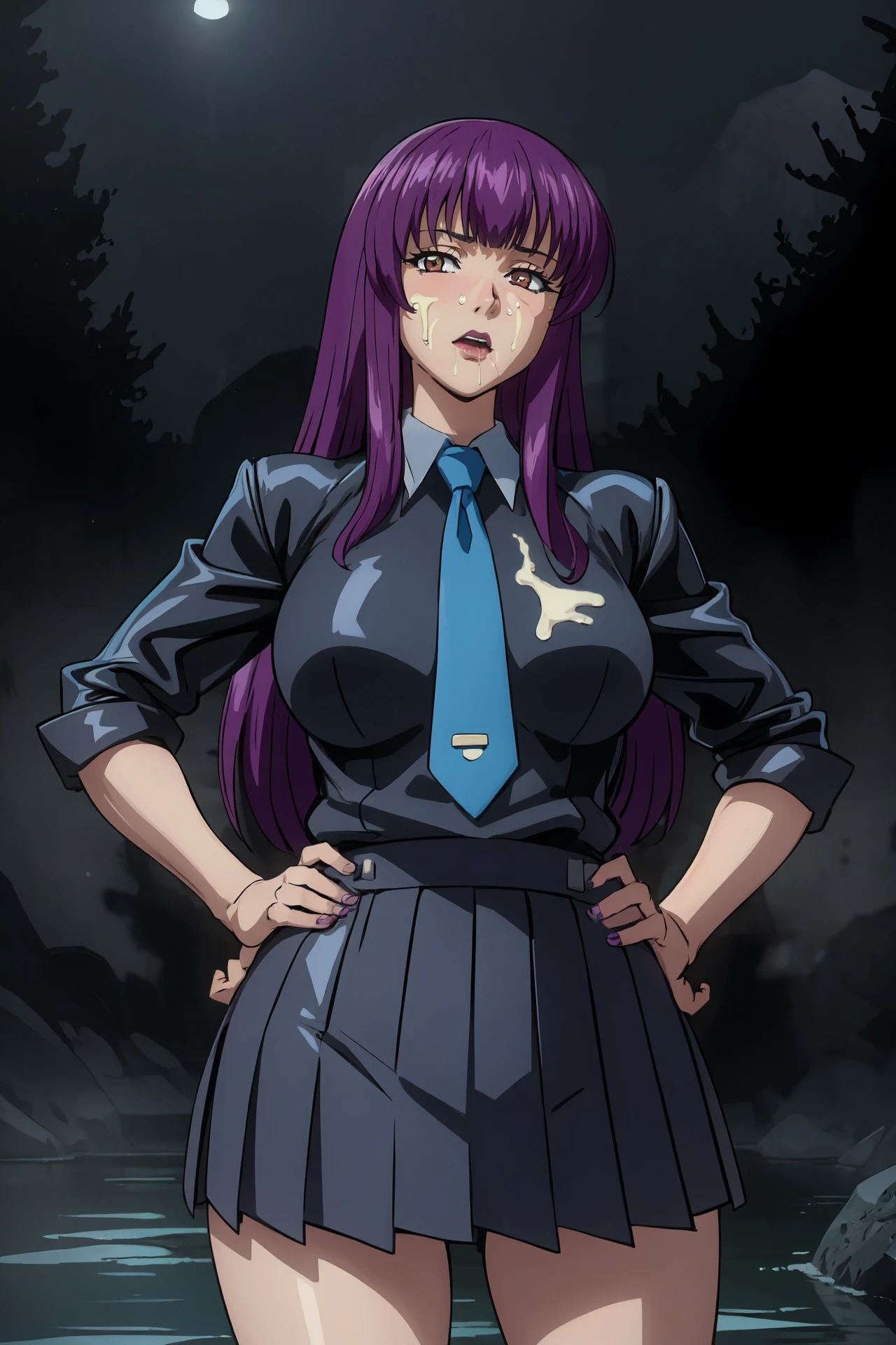 purple hair, 1girl, brown eyes, lipstick, long hair,
1girl, solo,hibinoyayoi, standing, hands on own hips, cowboy shot, looking at viewer,
facial, saliva, cum on body,
black leather pleated skirt, black shirt,
river, outdoors, dark atmosphere, volumetric fog,
<lora:HibinoYayoi:0.85>
