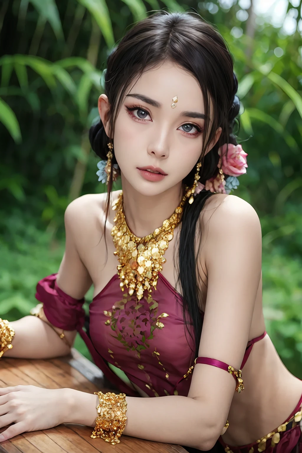 highres,1girl, solo, long hair, looking at viewer, black hair, hair ornament, bare shoulders, jewelry, flower, earrings, parted lips, necklace, blurry, bracelet, lips, depth of field, blurry background, table, armlet, realistic,
<lora:lbc_yuyi_dudou:0.6>,((rose)),(vine),cage,bandage,red rope,(detail light),falling rose petals,