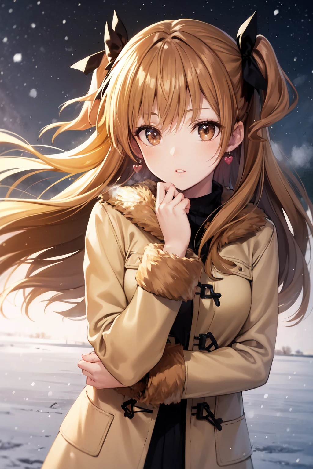 rinaog, 1girl, solo, coat, long sleeves, fur trim, floating hair, snowing, brown coat, parted lips, looking at viewer, upper body, winter clothes, standing, night, winter coat, sky, hand in own hair, outdoors, hair ribbon, heart earrings,  <lora:rinaog_V1-10:0.7>