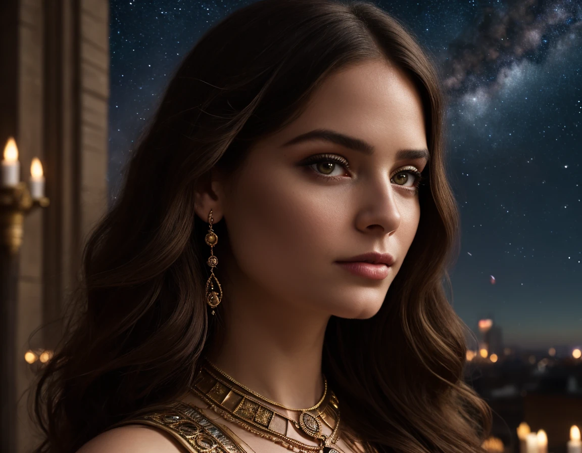 masterpiece, medium portrait charming and miracle female luxury astromancer boho accessories in dreamlike movie, hyper detailed face,8k realistic,art by artgerm, greg rutkowski, sasoura, satchely, major starry sky , city background, UHD, medium long shot,fantasy, no distorsion,sharp focus,,perfect face, <lora:kkw-realism-v1.4:.46>, kkw-ph-1