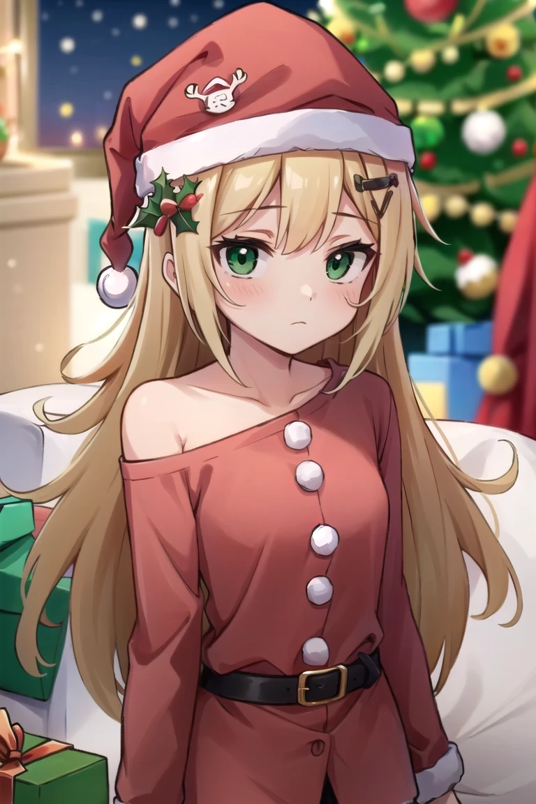 <lora:Miru-000007:0.7>, miru, 1girl, blonde hair, green eyes, long hair, messy hair, santa hat, santa costume, off shoulder, mistletoe hair ornament, christmas tree, christmas, gift, expressionless, closed mouth, masterpiece, best quality,