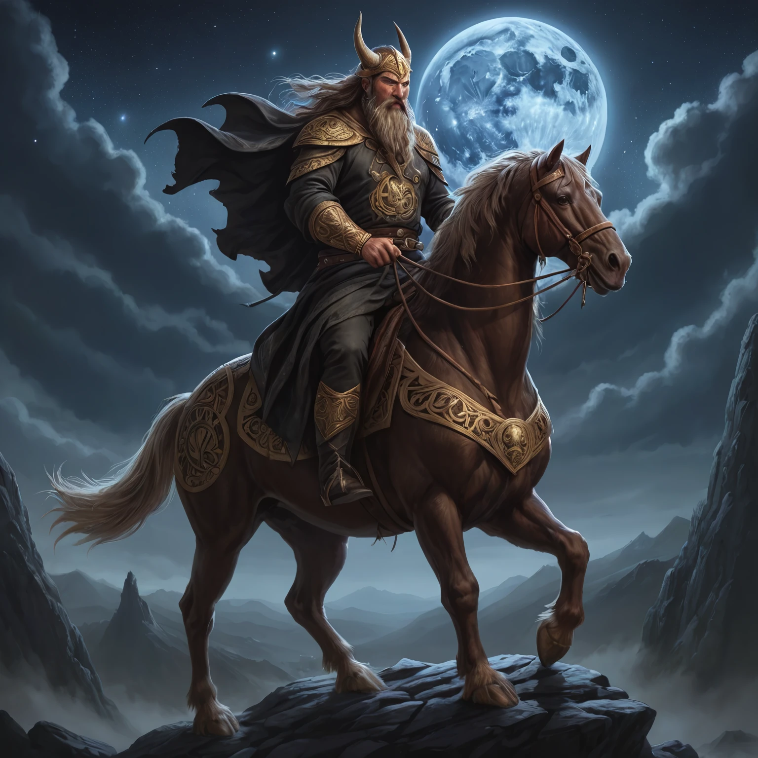 odin is riding sleipnir over bifröst epic artwork, runes detailed sky at night , undefined