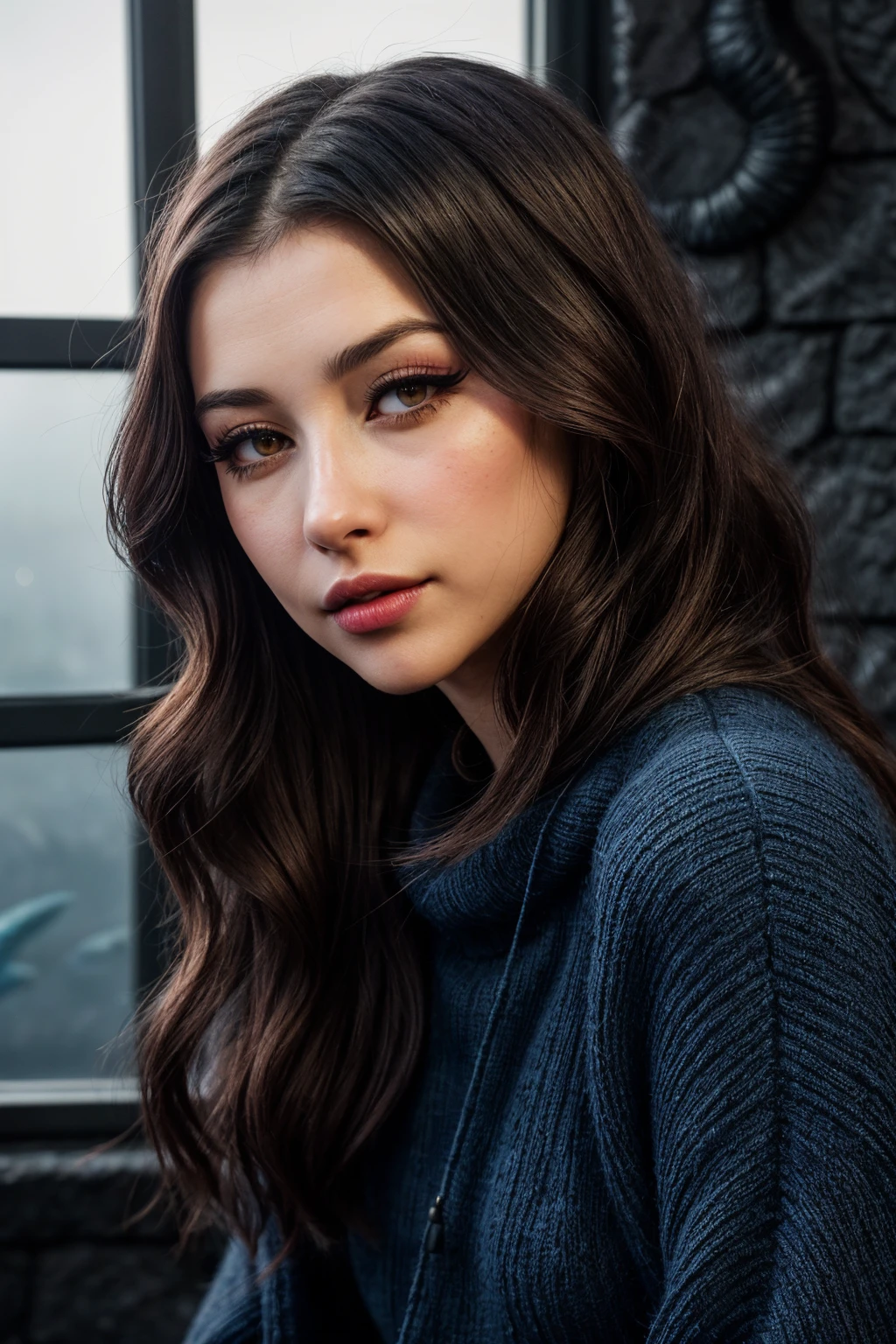 photo of (EPRbyH3xx:0.99), closeup portrait, perfect hair, (modern photo, Pacific Blue Aran sweater cape worn over a long-sleeved dress and ankle boots), 24mm, (analog, cinematic, film grain:1.3), ((darknet intelligence hub, andesite stone,metal roofing roof,plaster,electrochromic smart glass windows, luminescent deep-sea creatures, uplighting, gradient:1.1)), ((detailed eyes)), ((eyeliner, long lashes)), (claw pose), (epicPhoto), long eyelashes, (perfect waist), (painted lips)