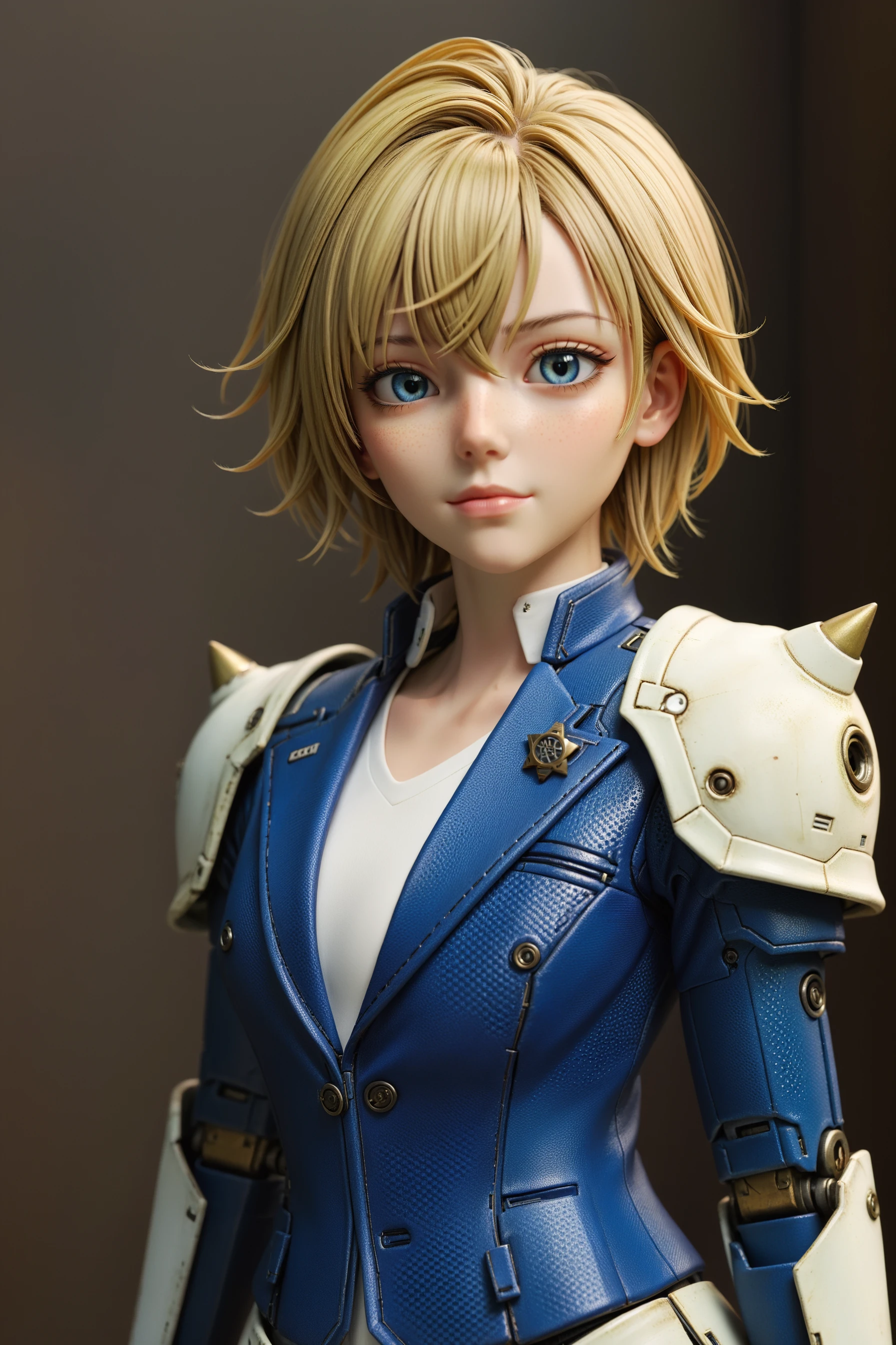 masterpiece, (realistic:3), (photorealistic:3), intricate detail, highly detailed, great textures, 8k, high detail, zaku\(ttp\), <lora:Zaku_SDXL_v1_2_loha-000028:0.65>, zaku, one girl dress in dark random color robot armor, full body,detailed_background,indoors,solo,looking_at_viewer,blue_ascot,male_focus,parted_lips,blazer,gold_jacket,blue_eyes,teeth,blonde_hair,multicolored_background,ascot,short_hair,tenshouin_eichi,1boy,jacket,ensemble_stars!,highres,ntec231,white_jacket, (RAW photo, best quality, masterpiece:1.2), ultra high res, (photorealistic:1.4),