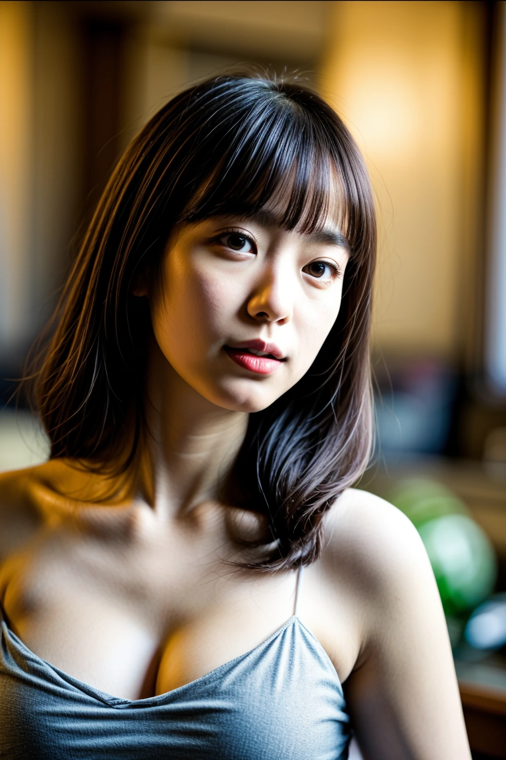 ultraclear，8K，Close-up view of the face，wavy and long hair，dark-skin，South Korean beauties，Melon seed face，50yearsold，squint smile