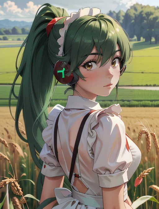 best quality, masterpiece, highres, detailed, digital artwork, <lora:Detail - add_detail:0.2>, CasiCharu, green hair, long hair, brown eyes, red headphones, android, robot joints, <lora:Character - CasiCharu:0.8>, field of wheat, :q, maid uniform, ponytail,
