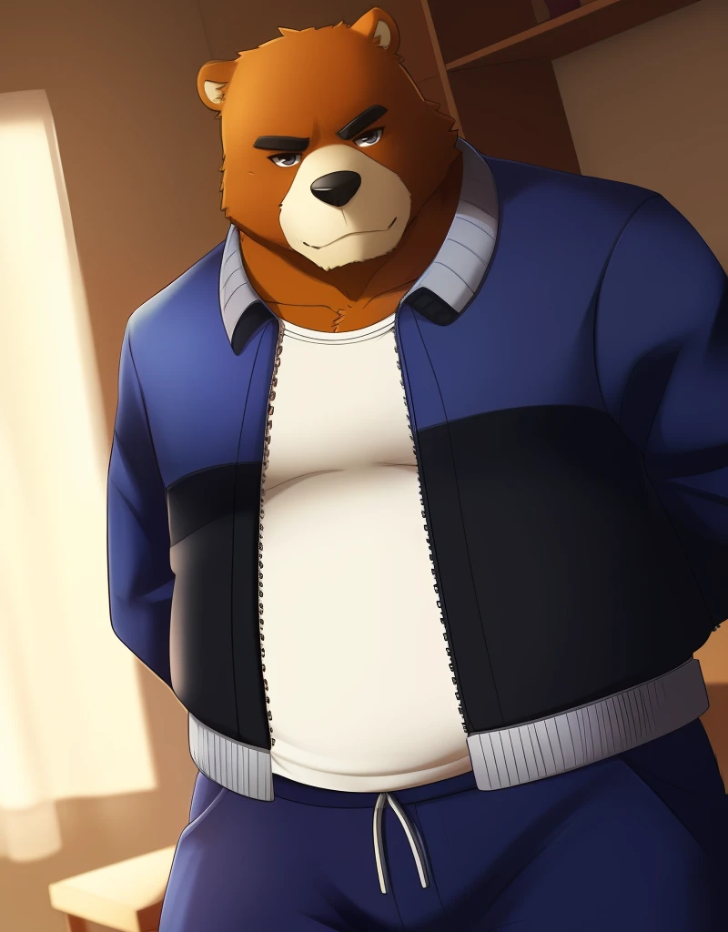 bear, hot, male, college, bully, solo, Musclegut, big chest, full hoodie, dark brown fur, light brown muzzle, blush, cocky, no blush, intimidating, wide angle