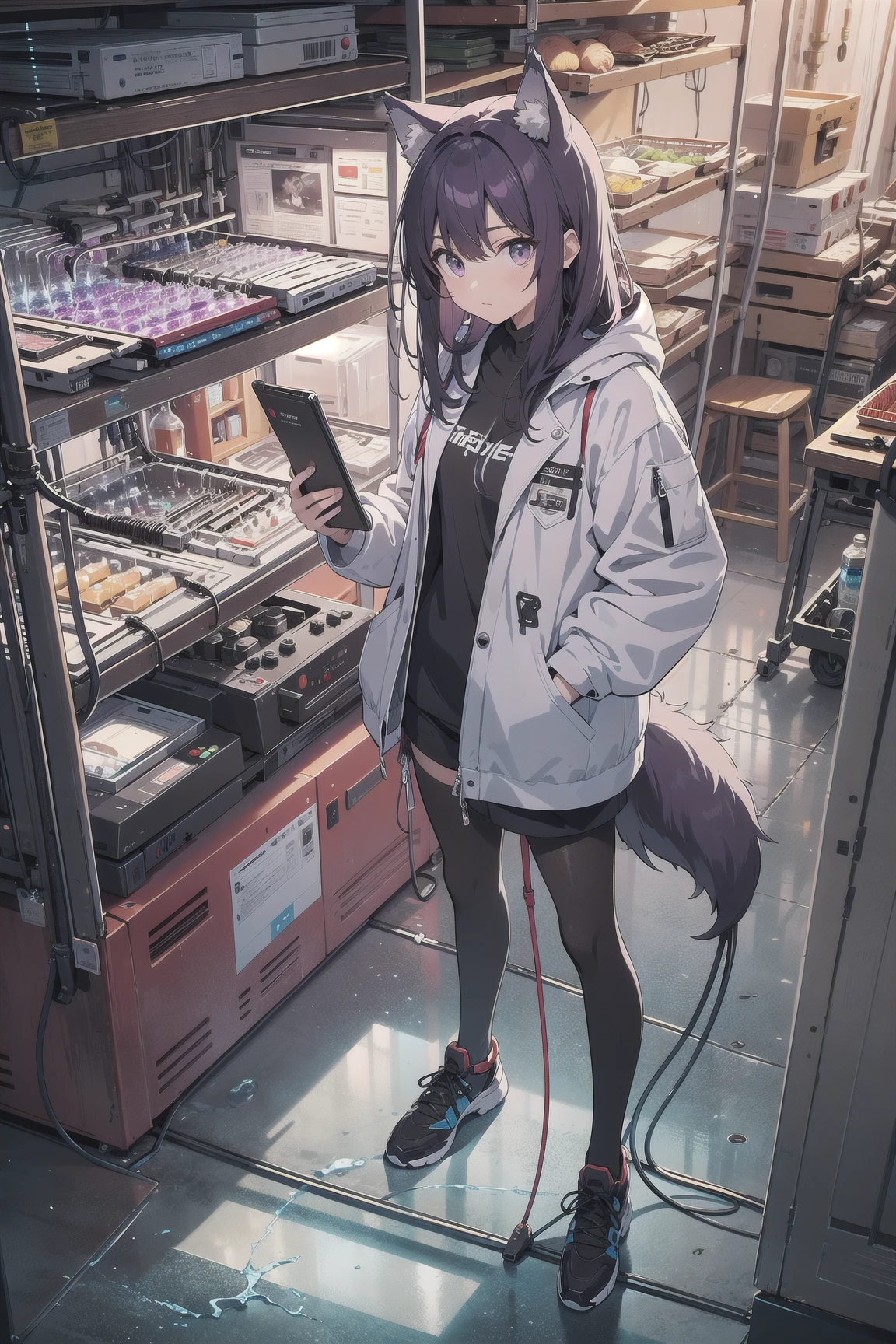 masterpiece,best quality:1.2,extremely detailed,eexpr,full body,purple hair,long hair,dark hair,wolfgirl,wolf ears,wolf tail,long purple hair,purple fur,grey eyes,white pantyhoses,wires,cables,electric cables,cyberpunk,white coat,laboratory,lab,factory,industry,machines,night,midnight,blue lights,grunge,standing,holding a tablet,engineer,from above,indoors,