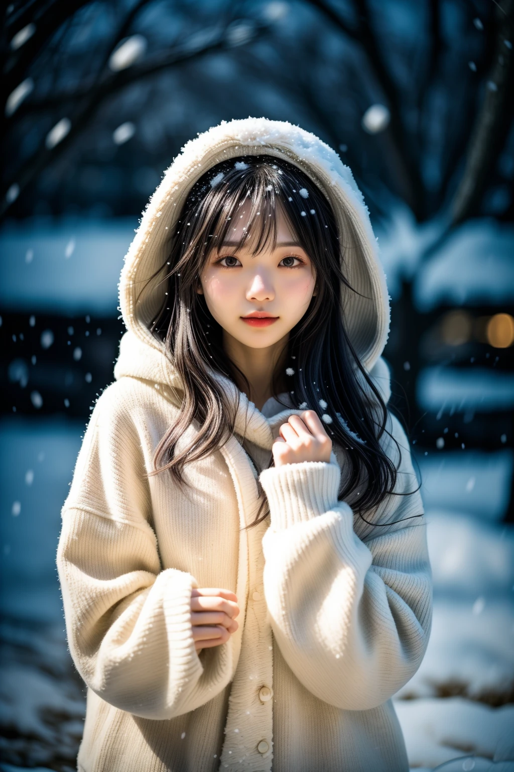 adult girl, long hair, sweater, snowing background,