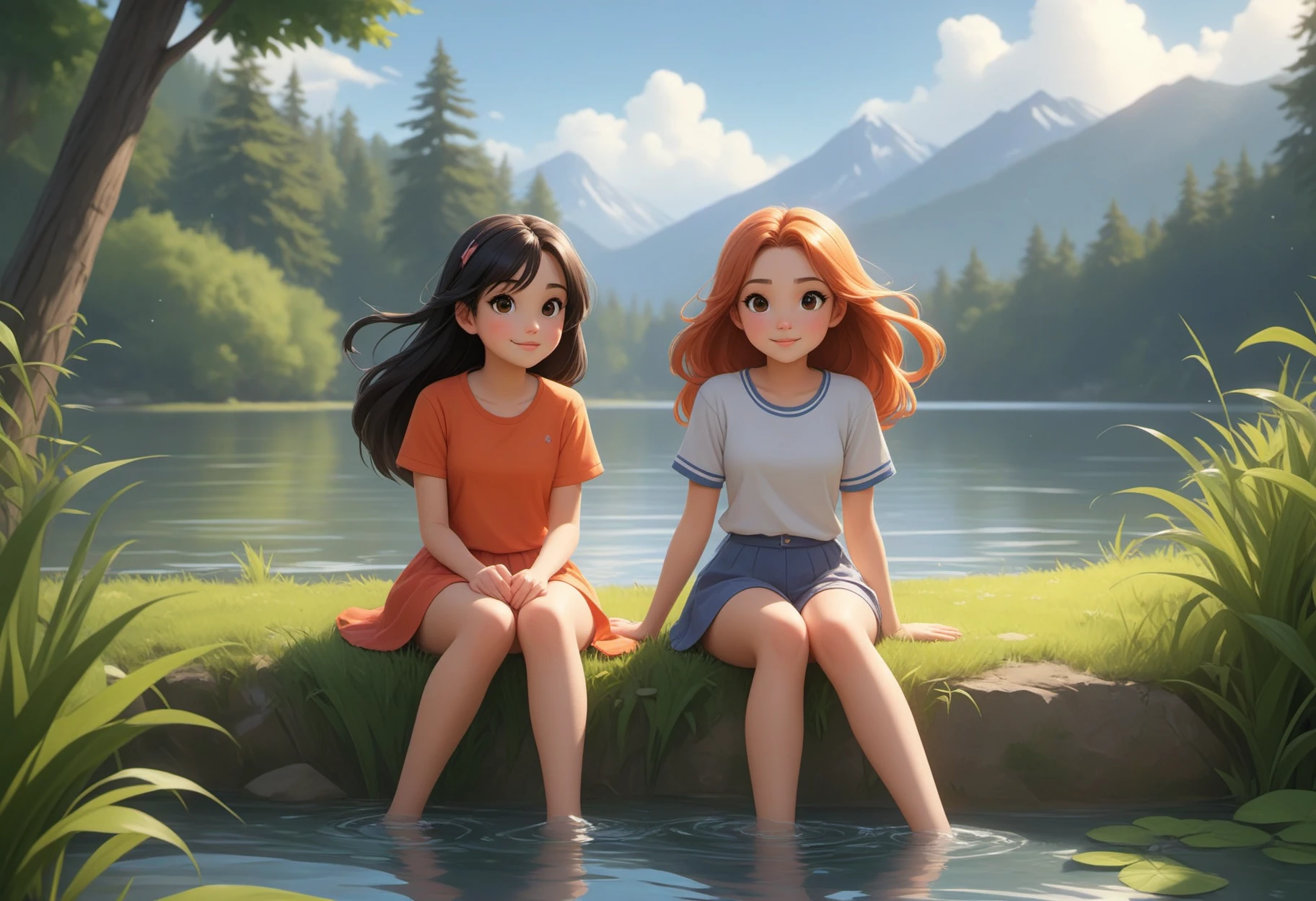 anime, cartoon, 2girls, pretty, 20 years old, sitting by the lake, their feet in the water, having fun, lush grass
