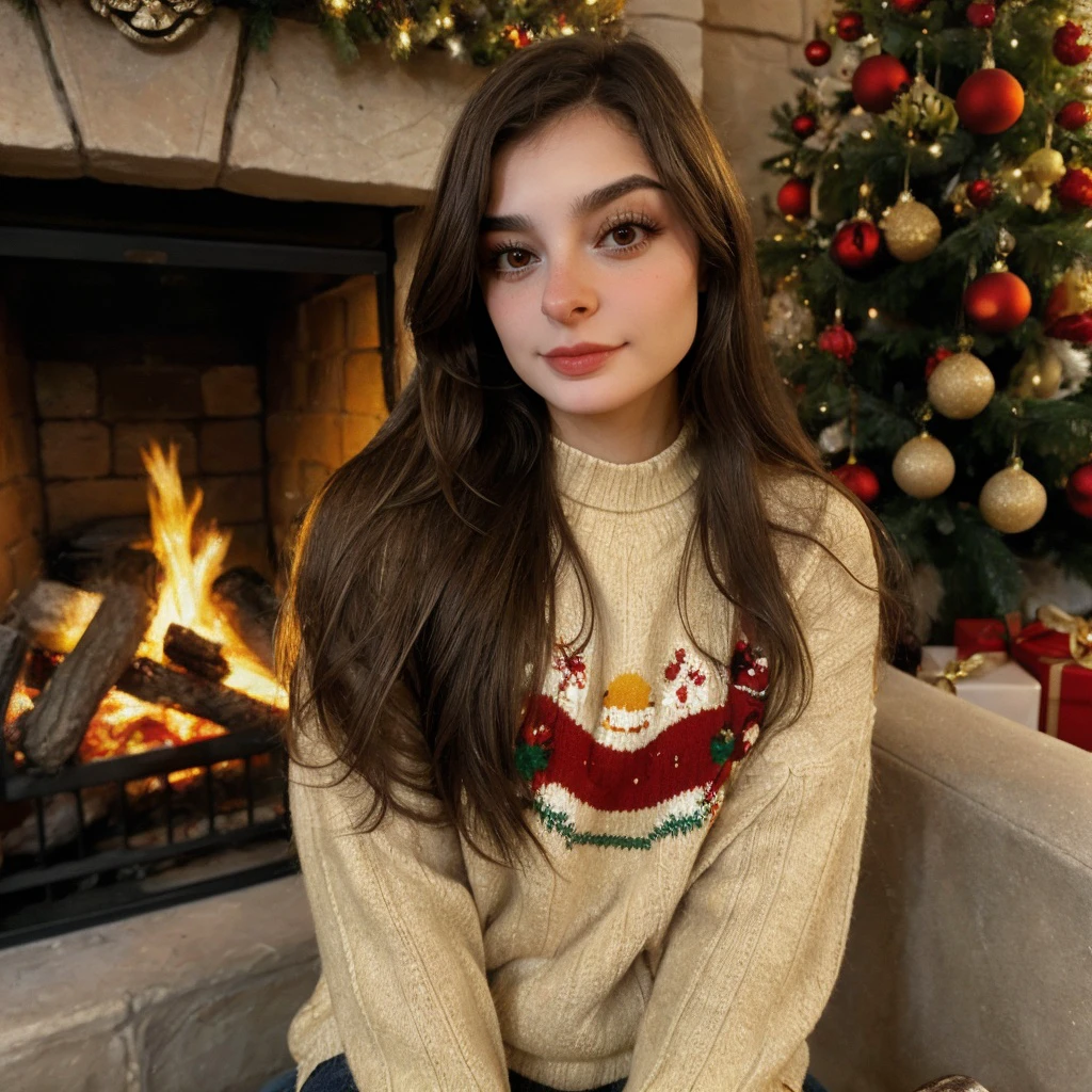 <lora:deputyaruuu_sd15_512_128_64_v1:1>deputyaruuu, 1girl brown weavy hair, wearing a christmas sweater, christmas decoration in background, lit fireplace in background