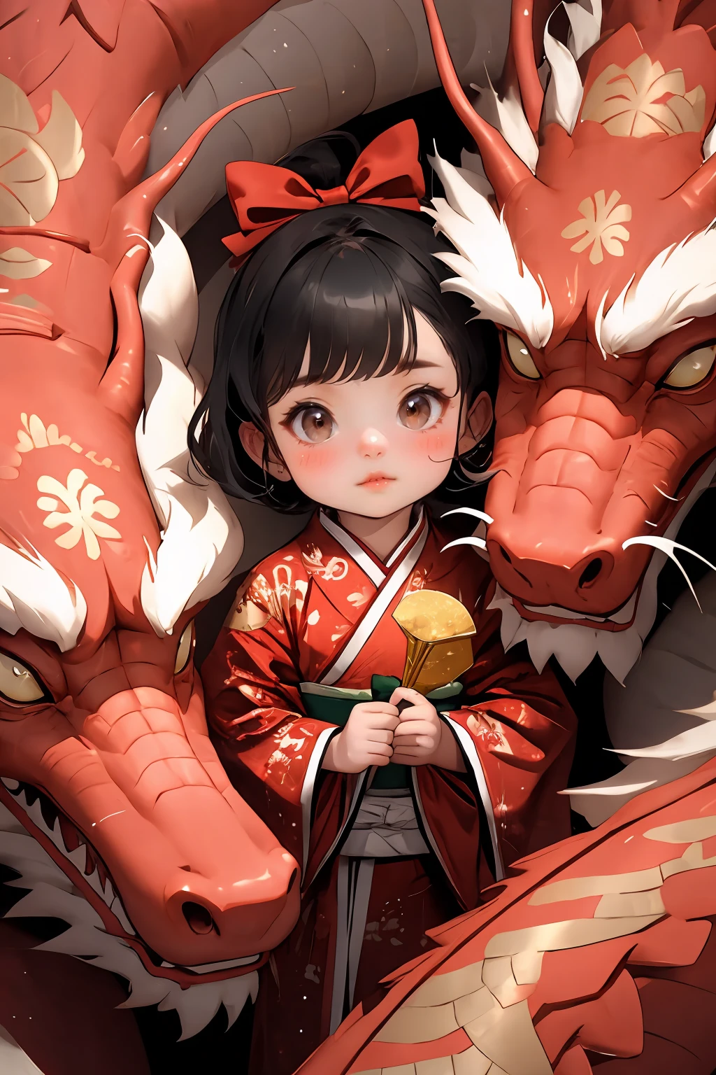 <lora:long2ZHENGZE-000012:0.7>,chahua,1girl,black hair,hair bow,looking at viewer,blush,brown eyes,red bow,dragon,bangs,short hair,child,closed mouth,lips,solo,female ,red new year clothes,