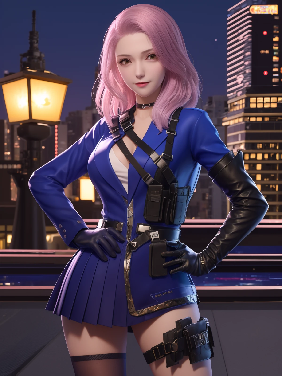 CFyunyouyou, 1girl,solo, gloves, pink hair, choker,dress,elbow gloves, black thighhighs, medium hair,belt,holster,looking at viewer, cityscape, night, pool,cowboy shot, hand on hip, <lora:CFyunyouyouGF:0.75>