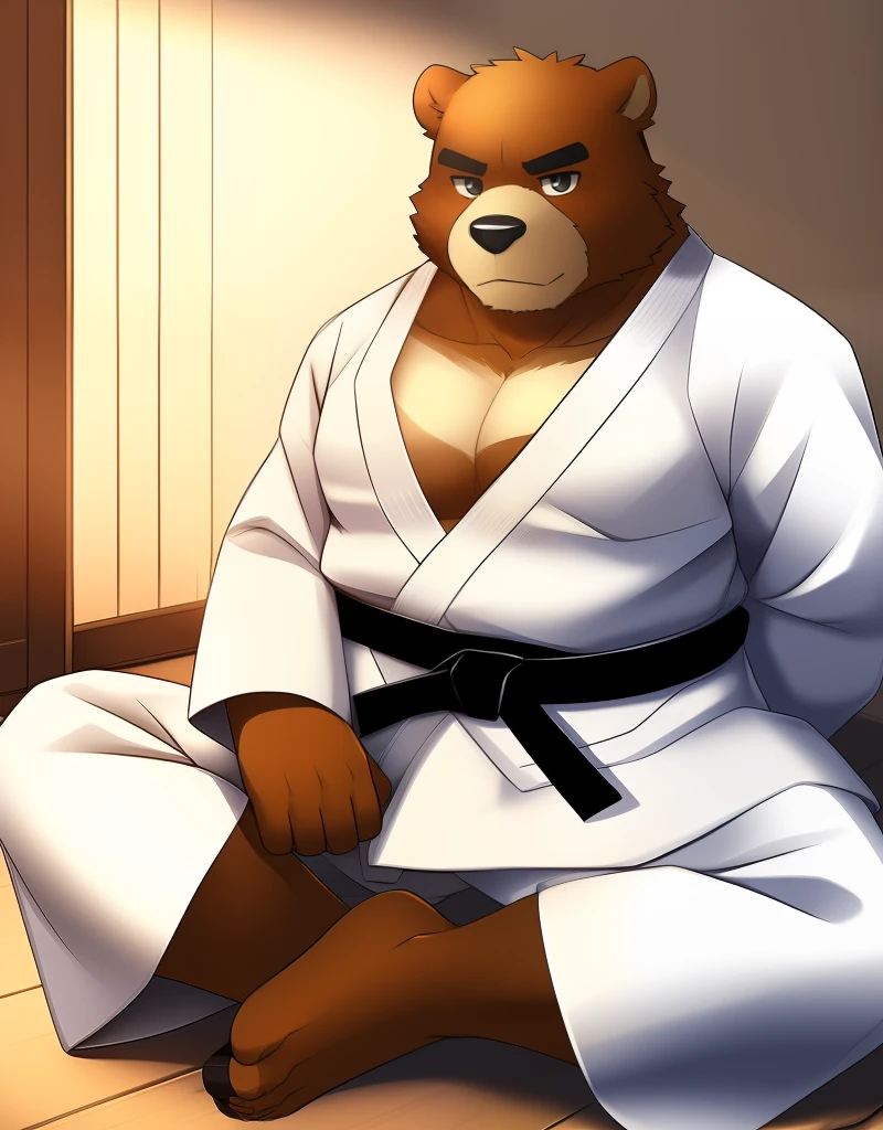 (((detailed eyes, detailed face))), (bara, juuichi <lora:character_juuichi_findigo_v1:0.9>, bear, short hair, black eyes), male, (solo), (plump, fat, chubby, overweight), (white dougi, martial arts belt, white pants), sitting, (arms behind back), smile BREAK (konzaburou, ukan_muri, cute), bedroom, (soft shading), 8k, UHD, masterpiece, (full body)