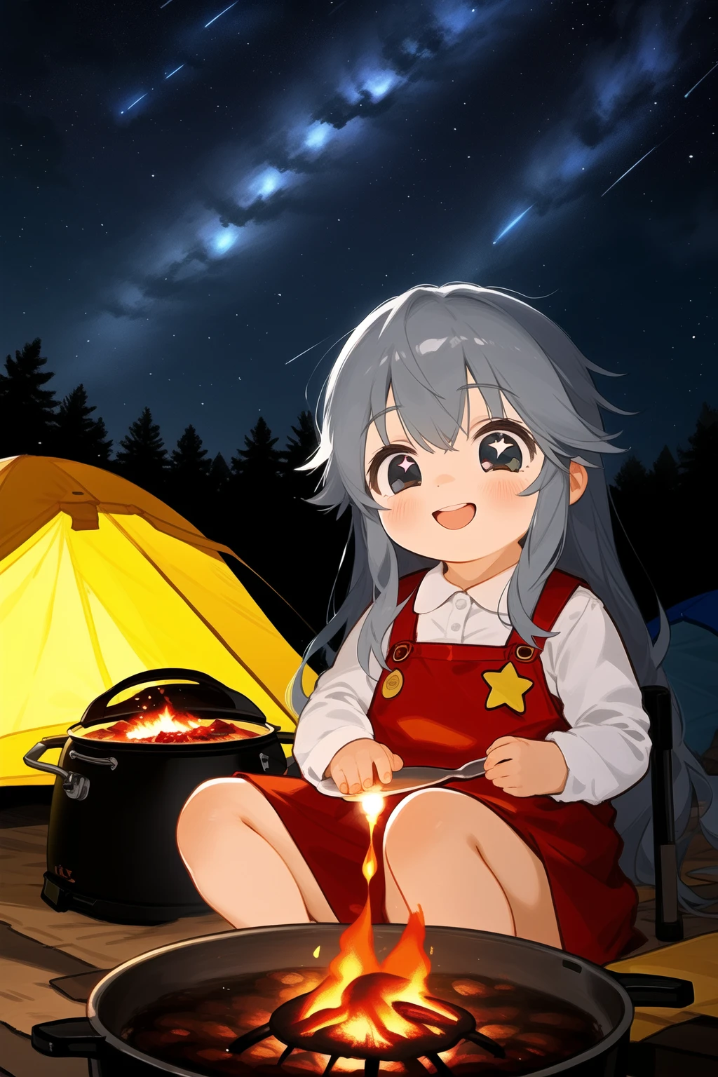 masterpiece, best quality, 1girl,baby face, cute kawaii female child, sitting camping chair, pinafore dress, happy, smile, dark-gray gradient hair, long hair, camping, campfire, outdoors, tent, firewood, fire, cooking pot, boned meat, nature, tree, forest, night sky, star sky, starry sky, milky way, star sparkle, perspective, cinematic lighting, diffraction spikes, caustics, lens flare, light particles, film grain
