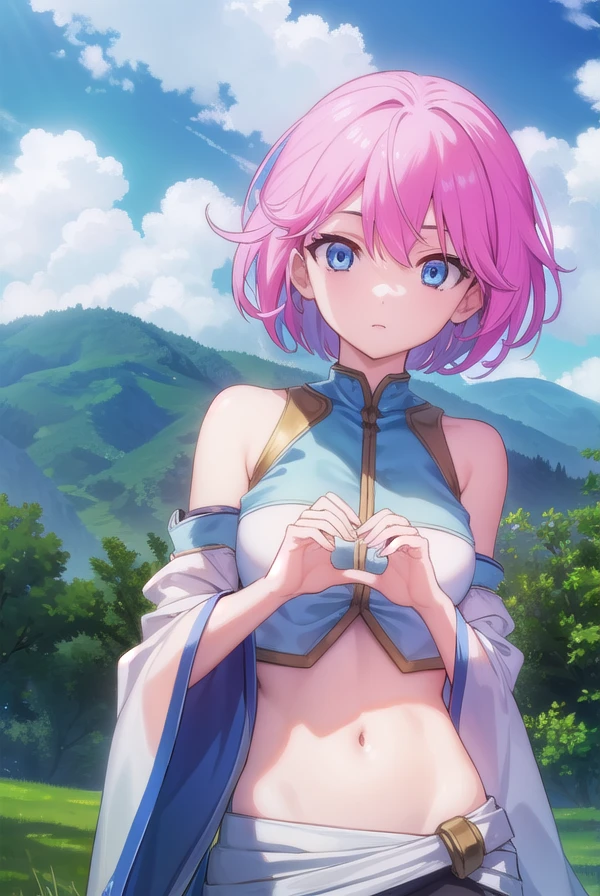 sillplain, <lora:sill plain-lora-nochekaiser:1>,
sill plain, short hair, blue eyes, pink hair,
BREAK navel, bare shoulders, detached sleeves, midriff, wide sleeves,
BREAK outdoors, forest, nature, sun, sky, clouds,
BREAK looking at viewer, (cowboy shot:1.5),
BREAK <lyco:GoodHands-beta2:1>, (masterpiece:1.2), best quality, high resolution, unity 8k wallpaper, (illustration:0.8), (beautiful detailed eyes:1.6), extremely detailed face, perfect lighting, extremely detailed CG, (perfect hands, perfect anatomy),