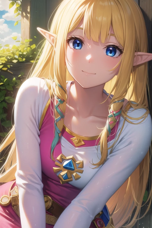 princesszelda, <lora:zelda skyward sword-lora-nochekaiser:1>,
zelda skyward sword, blonde hair, blue eyes, long hair, pointy ears, sidelocks, elf, bangs, blunt bangs, ribbons, hair ribbons, smile,
BREAK belt, cape, dress, long sleeves, (pink dress:1.2), (white cape:1.2),
BREAK outdoors, nature, forest, trees, grass, sun, sky, clouds,
BREAK looking at viewer,
BREAK <lyco:GoodHands-beta2:1>, (masterpiece:1.2), best quality, high resolution, unity 8k wallpaper, (illustration:0.8), (beautiful detailed eyes:1.6), extremely detailed face, perfect lighting, extremely detailed CG, (perfect hands, perfect anatomy),