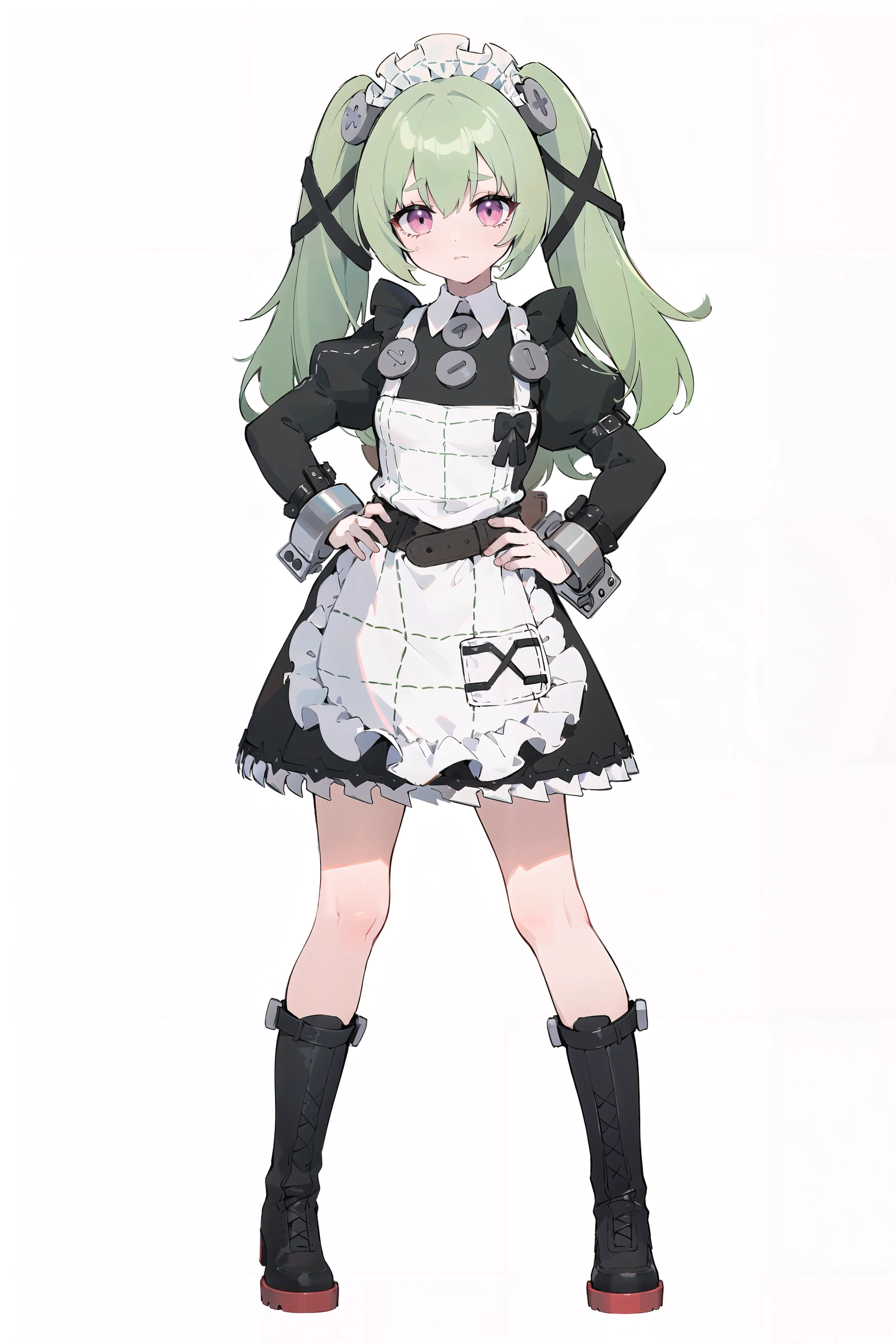 8k, best quality, masterpiece, (ultra-detailed:1.1), (high detailed skin),
(full body:1.3), white background, standing, hand on hip, looking at viewer,
<lora:corin-v100-000028:0.8:lbw=OUTALL>, corin, 1girl, twintails, boots, apron, long hair, maid headdress, green hair,
(white background, simple background,:1.2),
(beautiful_face), ((intricate_detail)), clear face,
((finely_detailed)), fine_fabric_emphasis,
((glossy)), full_shot,