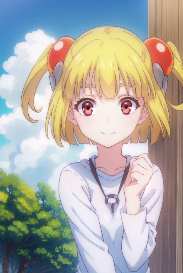 pattythesummer, <lora:patty the summer-lora-nochekaiser:1>,
patty the summer, short hair, blonde hair, (red eyes:1.3), twintails, two side up, hair ornament, smile,
BREAK shirt, (white shirt:1.5),
BREAK outdoors, forest, nature, sun, sky, clouds,
BREAK looking at viewer, (cowboy shot:1.5),
BREAK <lyco:GoodHands-beta2:1>, (masterpiece:1.2), best quality, high resolution, unity 8k wallpaper, (illustration:0.8), (beautiful detailed eyes:1.6), extremely detailed face, perfect lighting, extremely detailed CG, (perfect hands, perfect anatomy),