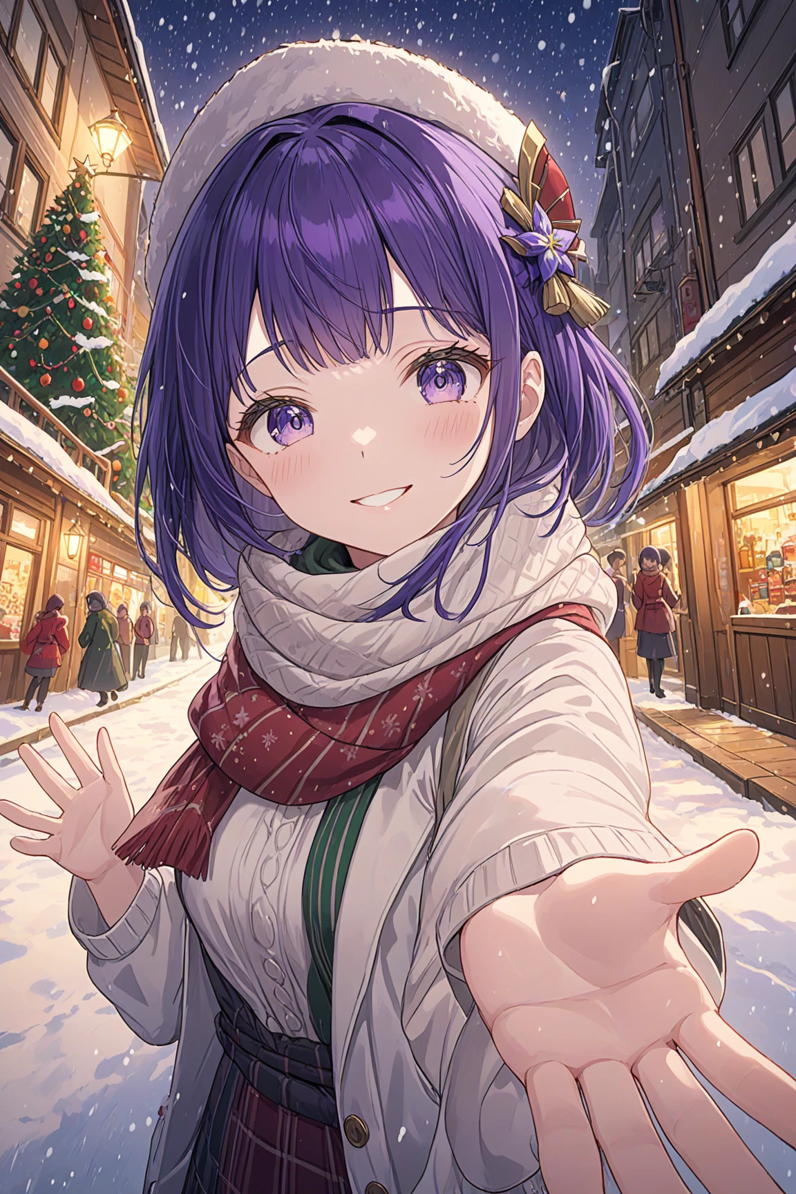 ultra-detailed,(best quality),((masterpiece)),(highres),original,extremely detailed 8K wallpaper,(an extremely delicate and beautiful),
anime,
1girl,raiden shogun,purple hair,solo,looking at viewer,smile,
BREAK
Exaggerated perspective,ultra wide shot,reaching out hand,foreshortening,on the tokyo street,realistic,highres,female focus,solo,snowy day,scarf,hat,flying snow,fish-eye len,fish eye angle,
ambient occlusion,rim lighting,bustling,The streets at night wall in the Christmas,Red and green theme,Christmas dress,Christmas Hat,Christmas tree,Christmas elements,
BREAK
<lora:XL è¶çº§é·ç¥_1.0:0.7>,
