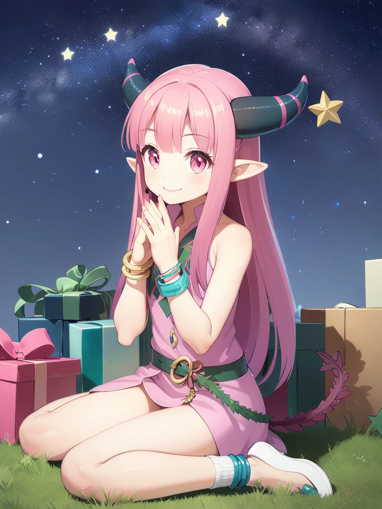 <lora:milleaf:0.9> milleaf, 1girl, solo, pink hair, long hair, horns, tail, pointy ears, pink eyes, smile, jewelry, bracelet, own hands together,
Christmas, SantaClaus, knight, starry sky, sitting,