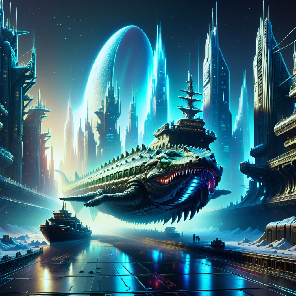 digital art, semi realistic hyper detailed masterpiece, dynamic, awesome quality,DonMSn0wM4g1cXL, cyberpunk metropolis, parallel universe,ship's hull,alligator, <lora:DonMSn0wM4g1cXL-000008:0.8>