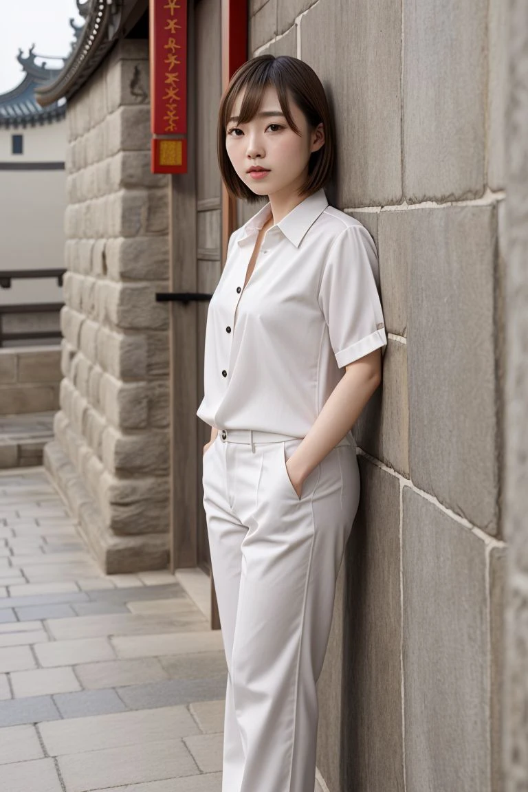 <lora:anjou_kozuki_obj20:0.5>, full_body, standing, sandals, (shirt), pants, (great wall of china), (anjou_kozuki: 1.2), perfect face, (contact iris: 1.1), pale skin, skin pores , depth of field