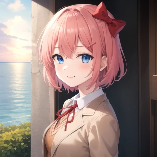 ((masterpiece)),(best quality),official art,extremely detailed CG,unity 8k wallpaper,ultra detailed,A lighthouse on a cliff by the sea,1girl,solo,upper body,(portrait:1.2),sayori (doki doki literature club),pink hair,brown jacket,hair bow,red bow,hairclip,school uniform,blue eyes,short hair,buttons,smile,white socks,kneehighs,looking at viewer,pleated skirt,blue skirt,uwabaki,long sleeves,neck ribbon,<lora:Sayori(ddlc)>,