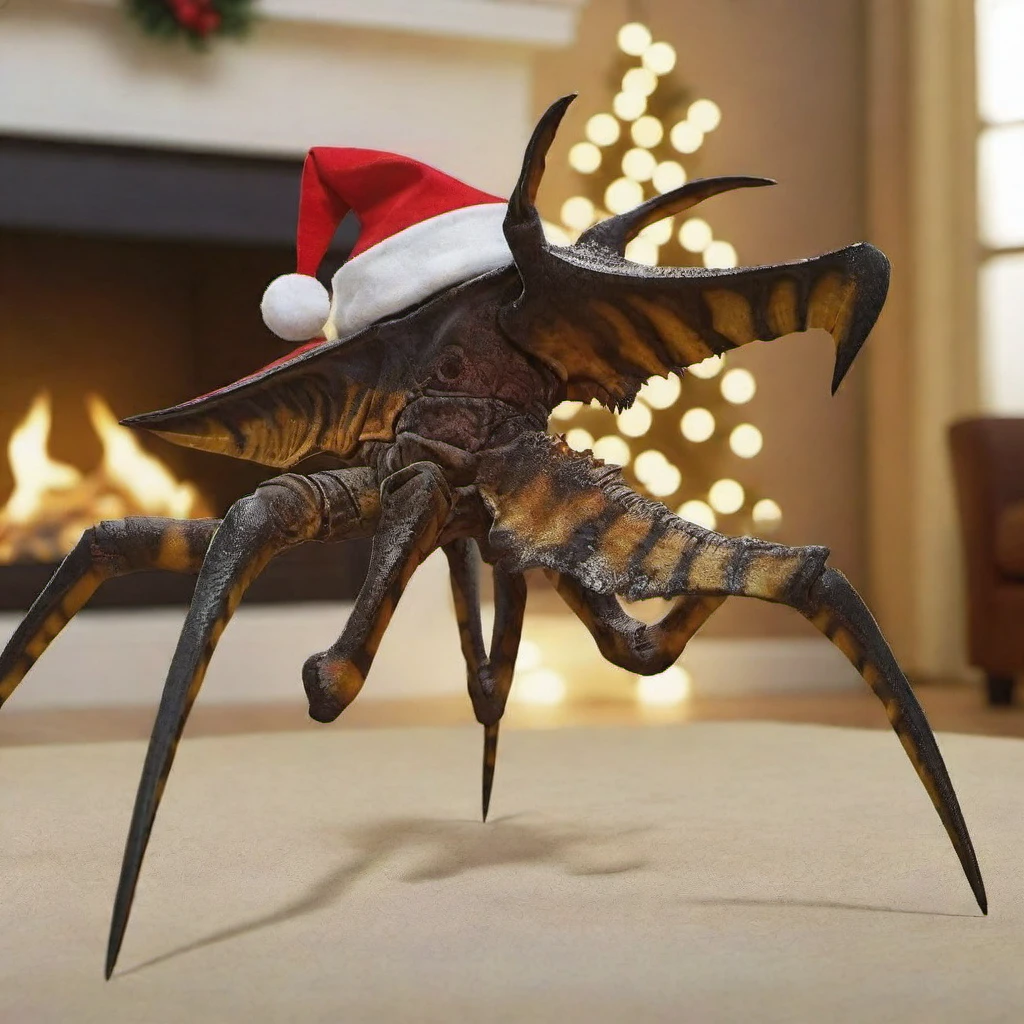 a giant bug wears a santa hat, christmas scenery, livingroom, fireplace, features intricate detail, detailed eyes, highly detailed, photography, ultra sharp, film, bokeh, professional, 4k  <lora:Starshiptrooper1024-000477:0.8> <lora:lcm_lora_sdxl:1> <lora:add-detail-xl:1>