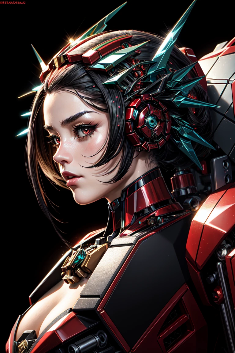 SantaOverlordStyle, (high quality:1.2), (best quality:1.2), (masterpiece:1.2), official art, official wallpaper, surreal,  (female transformer santa, shiny mechanical body:1.2)  (detailed:1.05), (extremely detailed:1.06), sharp focus, (intricate:1.03), (extremely intricate:1.04), (black background:1.1), beautiful face,