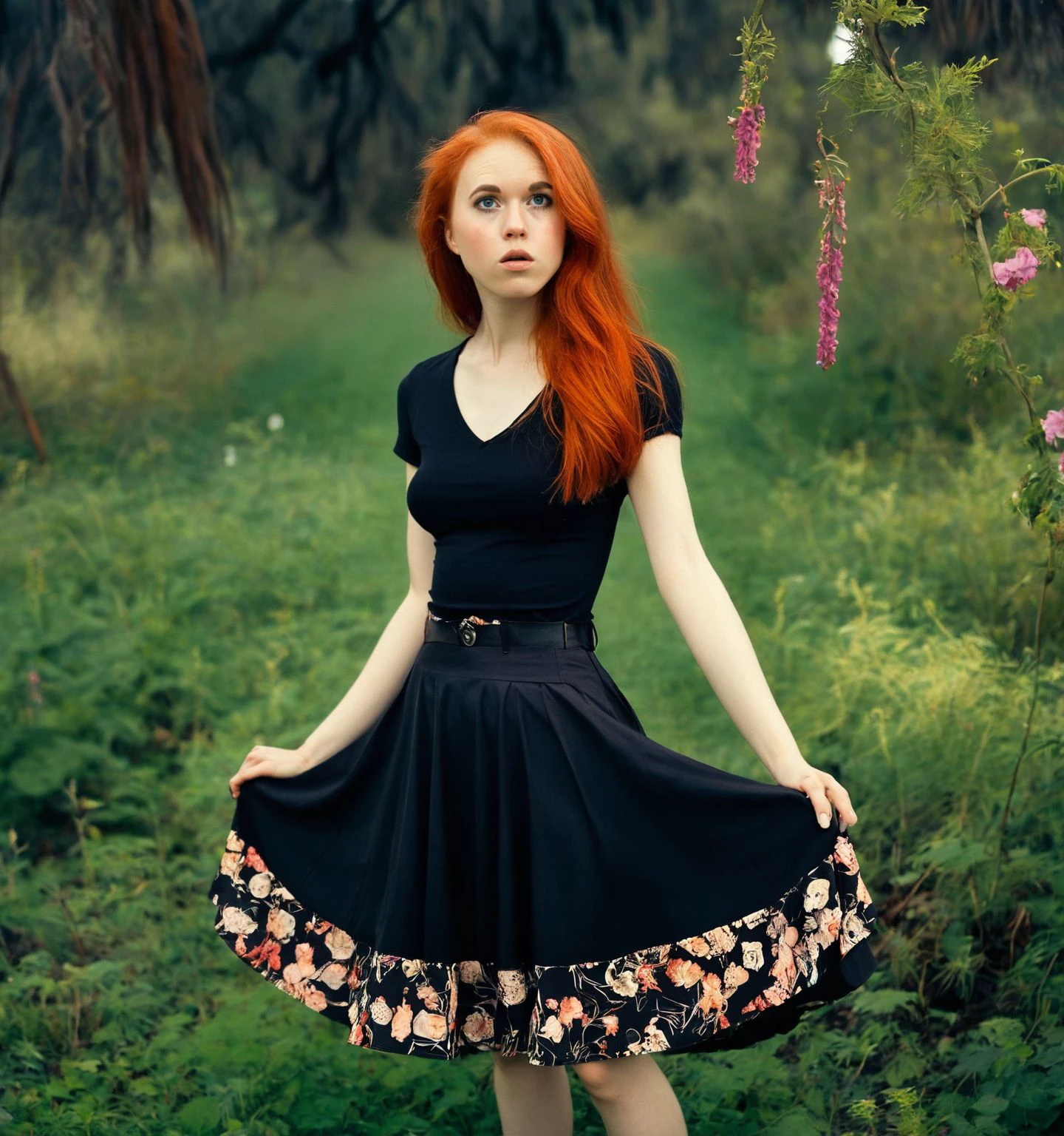 Beauty photo, upper body shot,
<lora:DollyLittle_SDXL_v1.2:1.25>  ((ohwx woman))
redhead in a cinematic theme
wearing a modest V-neck dress   Flared skirt,   Vintage Black V-neck dress with a fitted waist, flared skirt in a floral print in style of
Anna Devs and Daniel Rueda     Dream-like, Surreal     Medium format, natural light    Surreal, atmospheric, evocative
Masterpiece, best quality, (style of Platon)