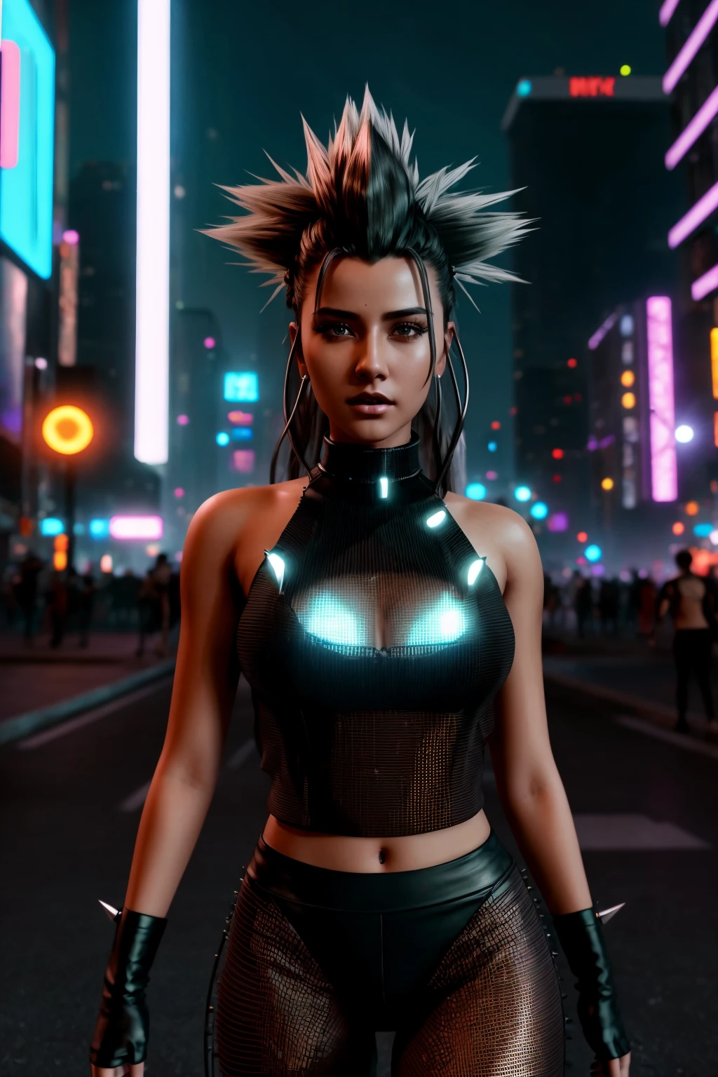 <lora:glittertop_v1-000009:1> masterpiece of photorealism, photorealistic highly detailed 8k photography, best cinematic quality, volumetric lighting and shadows, spiky hair chocolate young woman in glttp top, Futuristic Cyberpunk Cityscapes 360-Degree Hyperlapse through City Streets