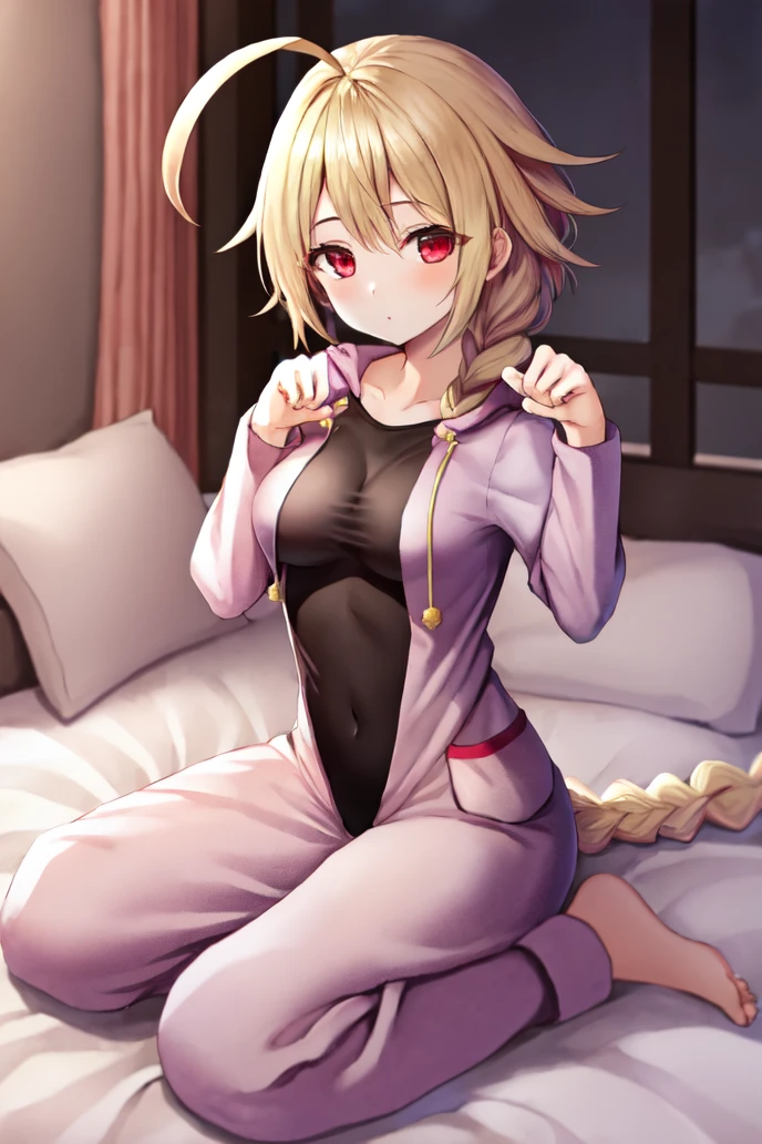 masterpiece, best quality, 1girl, lambda-11, <lora:LambdaV2:1>, blonde hair, ahoge, red eyes, (single braid), braid, medium breasts, <lora:OnesiePJs:0.7>, onesie, on bed, paw pose,