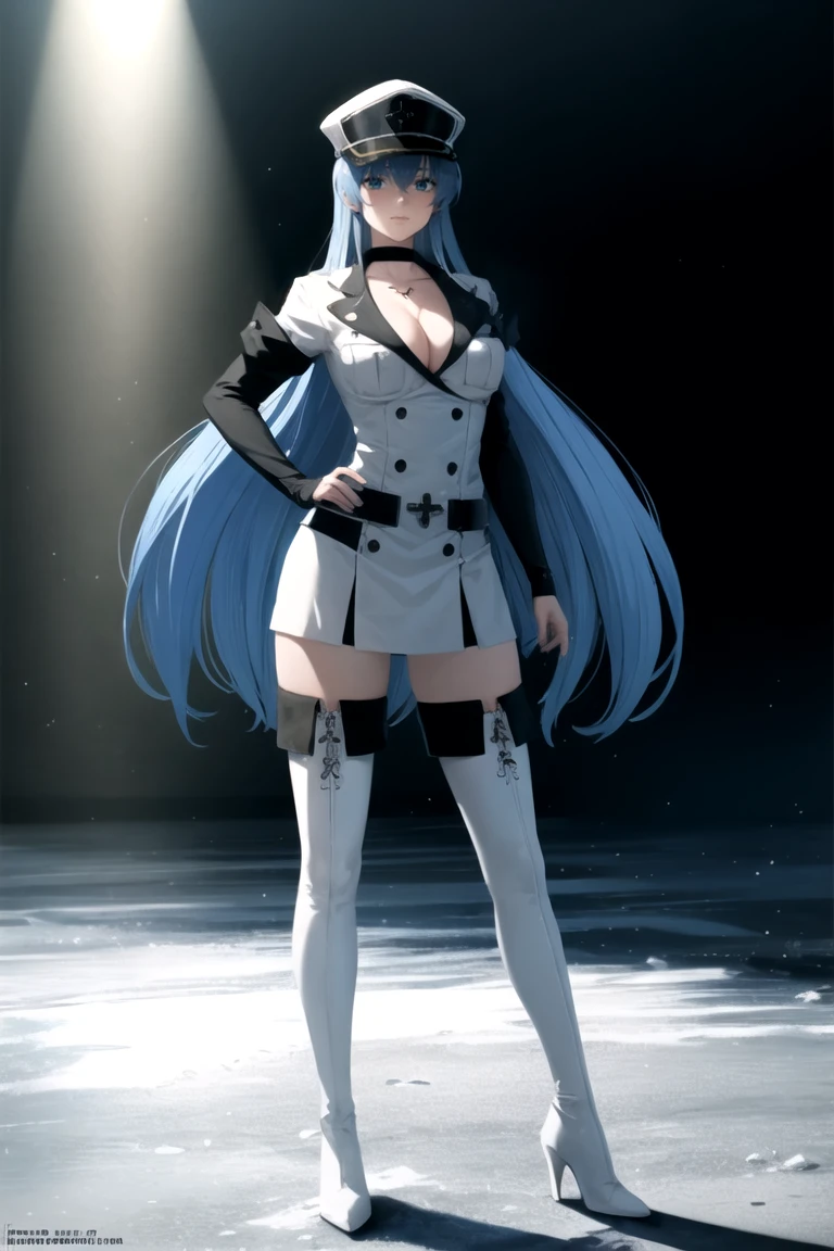 esdeath, looking at viewer, smile, large breasts, collarbone, full body, belt, high heels, white thighhighs, zettai ryouiki, hand on hip, military uniform, white headwear, thigh boots, black choker, white footwear, peaked cap, high heel boots, ice, military hat, chest tattoo, (subsurface scattering:0.6), (ray traced:1.5), (depth of field:0.8), (bokeh:0.8), (god rays:0.8), (vivid colors:1.0), (cinematic hard lighting:0.9), (strong shadows:1.2),
<lora:esdeath:1>
<lora:epi_noiseoffset2:1>
