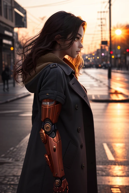 masterpiece, best quality, one arm + (cyber arm), woman, coat, sweater, in street + sunset, (portrait view + from side + close-up view), dark lighting, <lora:cyber arm:0.7>