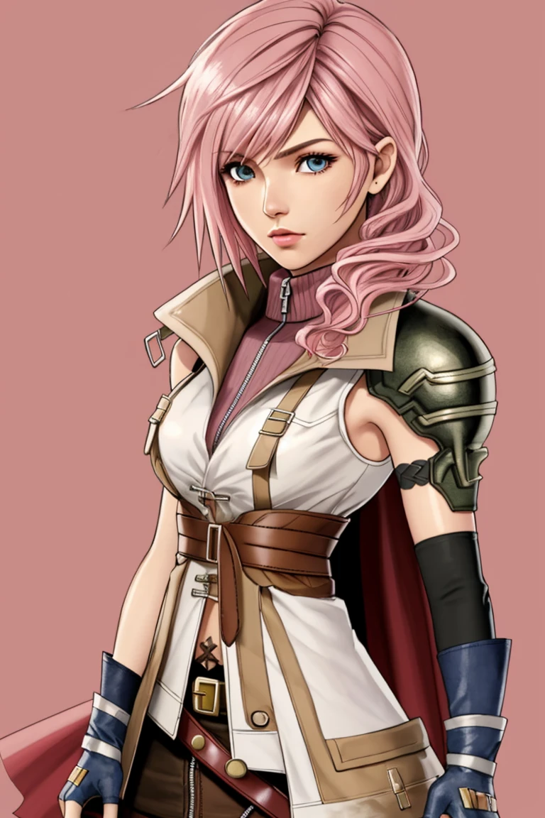 (2.5D style, single shot, shoot from front, caustic background)
BREAK
<lora:[P] Lightning Farron:1> lightning farron, sleeveless, shoulder armor, cape, skirt, fingerless gloves, pink hair, delicate face, (beautiful, cute, fluffy:1.2)