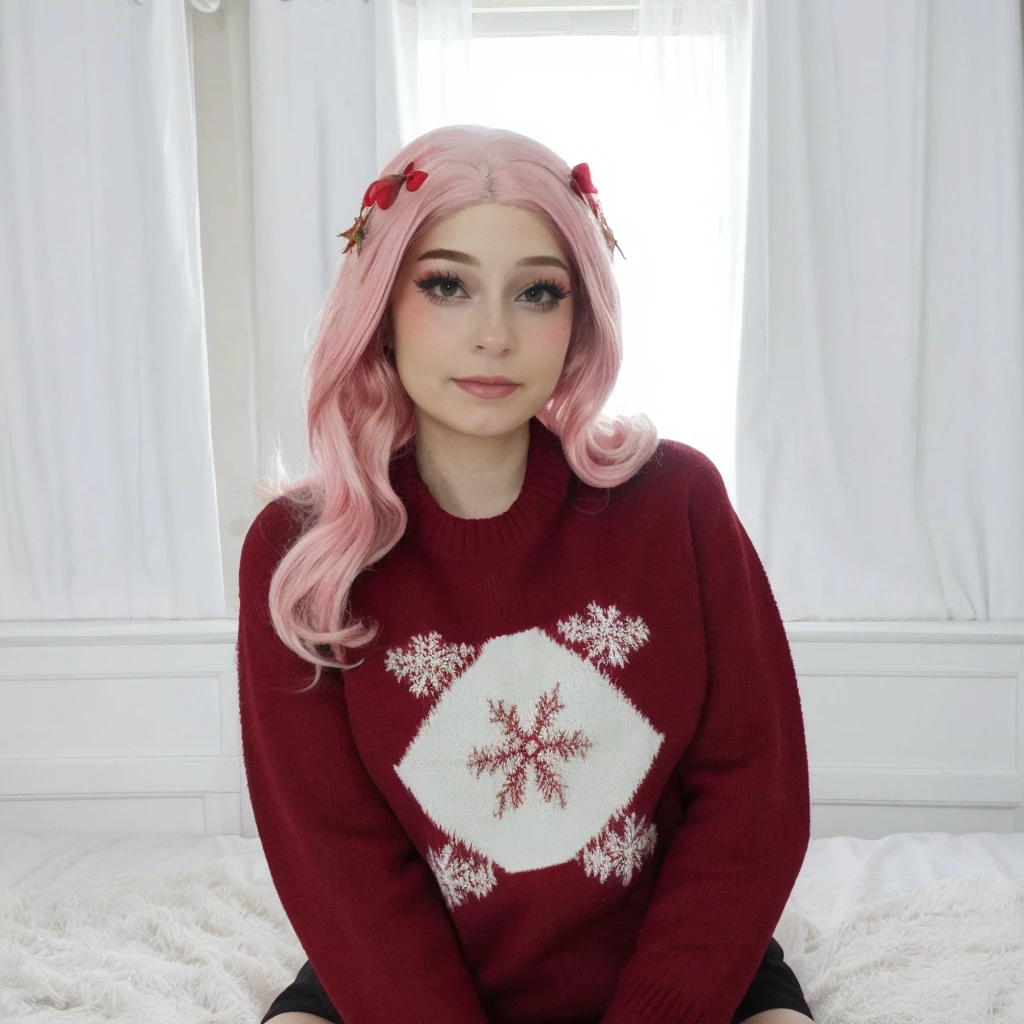<lora:bambiskii_sd15_512_128_64_v1:1> bambiskii,1girl pink hair, wearing christmas sweater, christmas decoration in background, lit fireplace in background