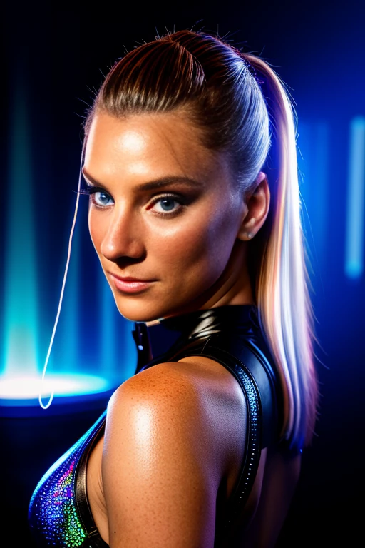 h3ath3rm0rri5, shimmering blue eyes, wearing holographic cyberpunk clothing, surrounded by neon-lit cityscape reflections, vray render, ray tracing, subsurface scattering, by Josan Gonzalez and Liang Mark (upper body shot), (looking at viewer:1.3), (hyper realistic:1.3), (portrait:1.2), highly detailed eyes, (highly detailed skin:1.3), (freckles:0.6), pores, (4k), back lit, rim light, <lora:Heather_Morris_PMv1_Lora:1.3>,