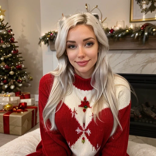 <lora:alanahpearce_sd15_512_128_64_v1:1>alanahpearce, 1girl white blonde long weavy curly hair, wearing christmas sweater, christmas decoration in background, lit fireplace in background