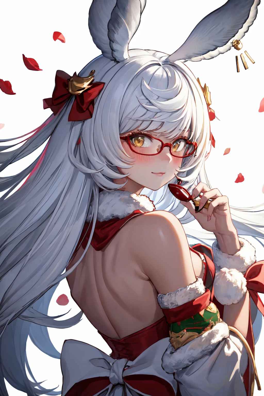 masterpiece, (detailed, highres, best quality), 1girl, <lora:spgbfMakura:1> makuradef, rabbit ears, christmas christmas outfit, christmas hat, glint, heart, petals, blush, closed mouth, eyewear removed, looking at viewer, looking back, solo