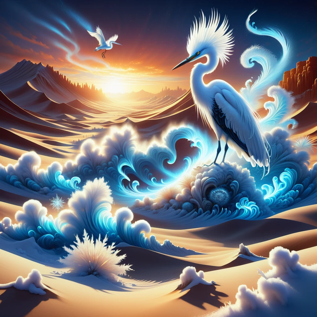 digital art, semi realistic hyper detailed masterpiece, dynamic, awesome quality,DonMSn0wM4g1cXL, snow ice magic, desert, mind control,tsunami,egret,roof vent, <lora:DonMSn0wM4g1cXL-000008:0.8>